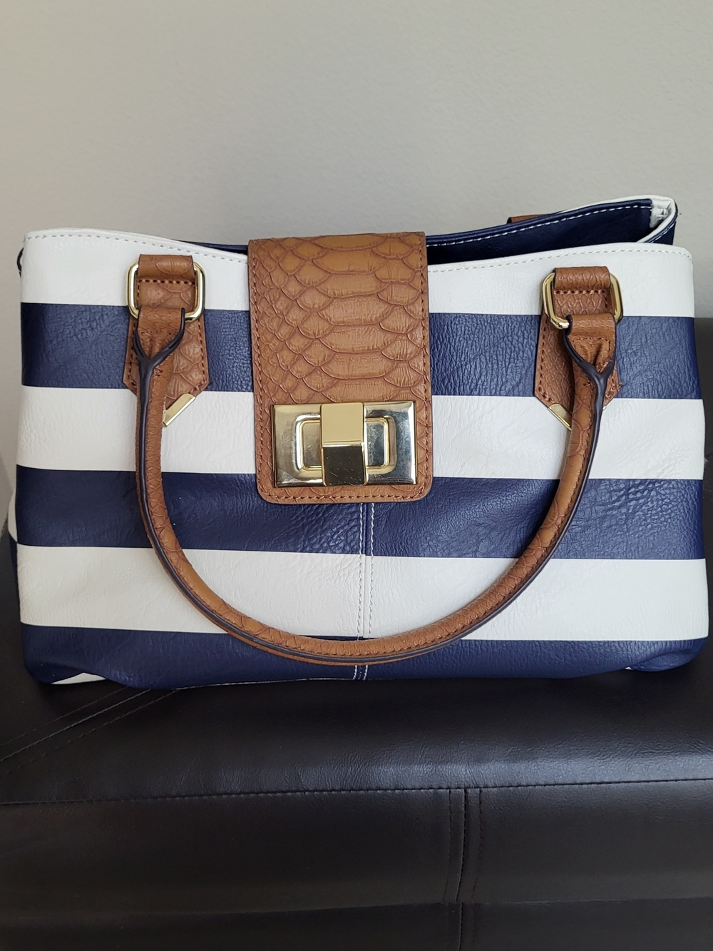 Apt.9 Striped Navy & White Handbag with Crocodile Tan Accents